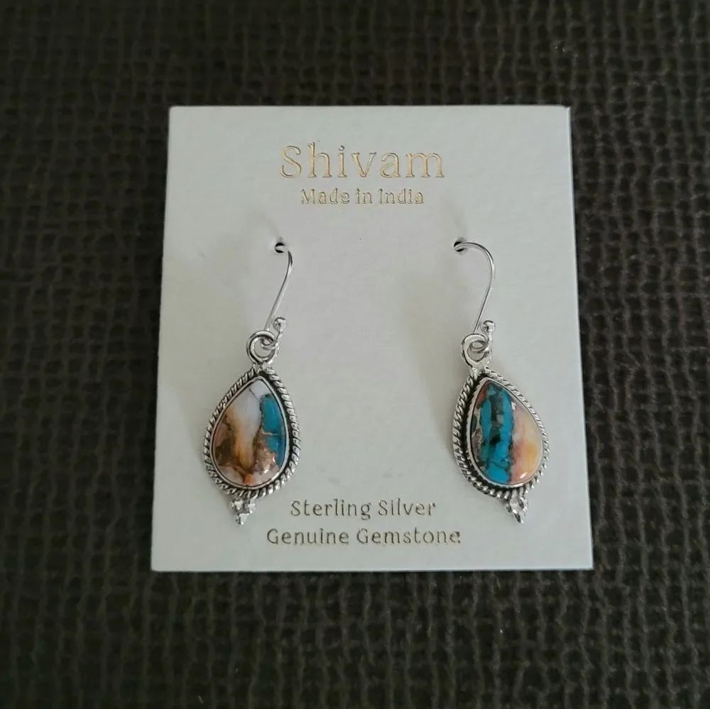Shivam Oyster Blue💙 Copper Turquoise Teardrop💧 Earrings - Picture 4 of 12